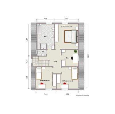 Grundriss Dachgeschoss (nicht maßstabsgerecht, Möblierungsbeispiel)