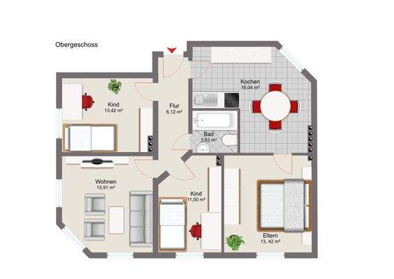 3. Obergeschoss mit Mustermöblierung