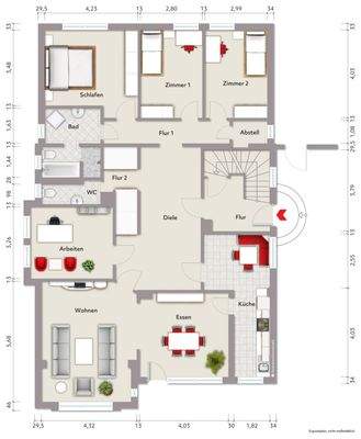 Grundriss Erdgeschoss (nicht maßstabsgerecht, Möblierungsbeispiel)