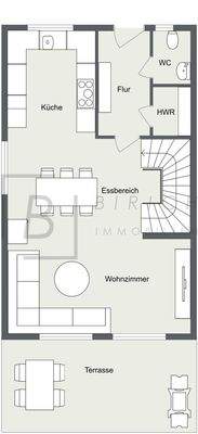 Grundriss-EG. Bitte beachten Sie, dass der dargestellte Grundriss nicht maßstabsgetreu ist und lediglich der Orientierung dient.
