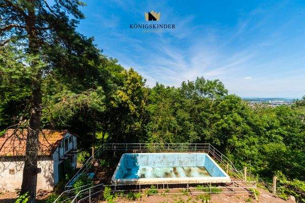 Blick Wohnhaus auf Poolhaus und Schwimmingpool