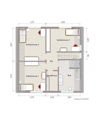 Grundriss Dachgeschoss (nicht maßstabsgerecht, Möblierungsbeispiel)
