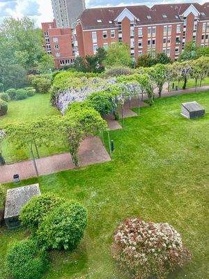 Ausblick auf den Innenhof mit Rasenfläche