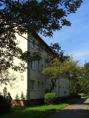 Außenansicht eines mehrstöckigen Hauses von der Seite, umgeben von Bäumen und Sträuchern 