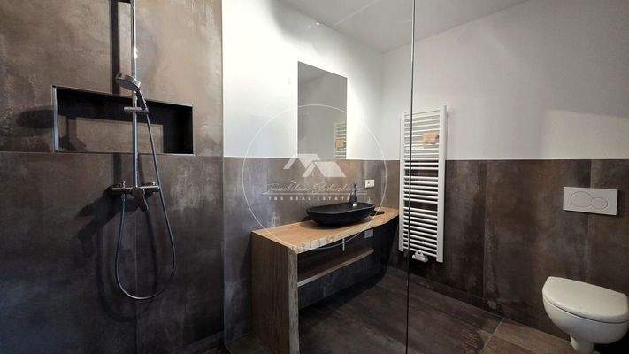 Duschbad mit eingelassenem Spiegelschrank und Duschablage