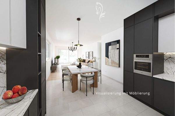 Visualisierung Wohn,- Esszimmer Blick aus der Küche