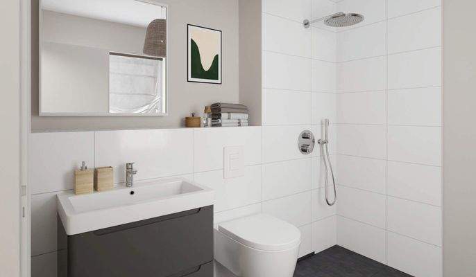 Modern gefliestes Bad mit bodengleicher Dusche im 