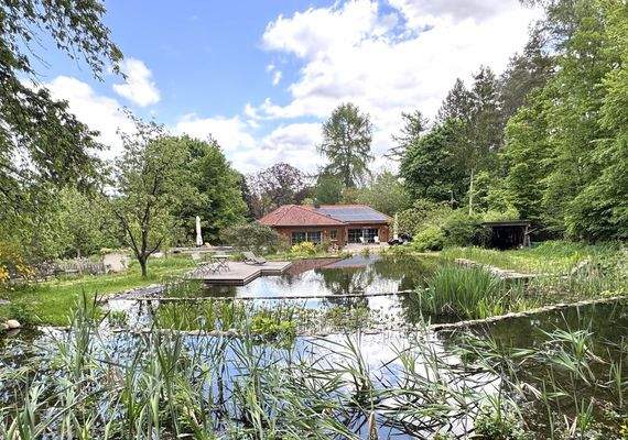 Hausansicht vom Schwimmteich