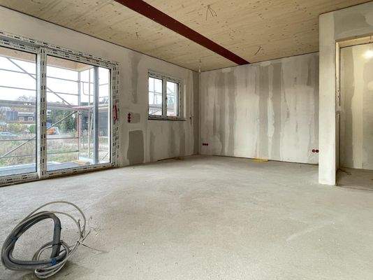 offene Küche mit Essen / Wohnen und Balkon