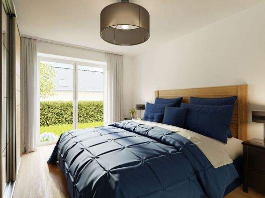 Das gemütliche Elternschlafzimmer mit Zugang zum Garten