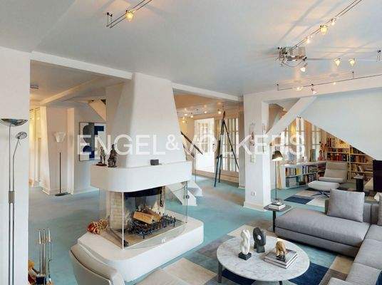 Wohnzimmer mit offenem Kamin - mit KI bearbeitet