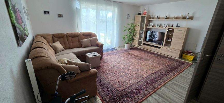 Wohnzimmer Einliegerwohnung, mit Holzofen, Zugang zur überdachten Terrasse und angrenzender Abstellkammer 