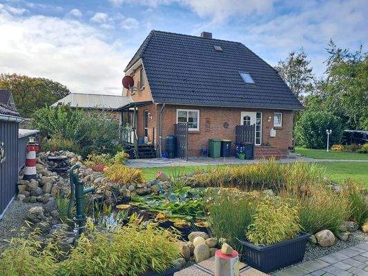 Vorderansicht mit Gartenteich