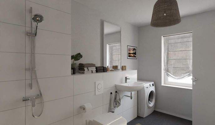 Modern gefliestes Bad mit bodengleicher Dusche