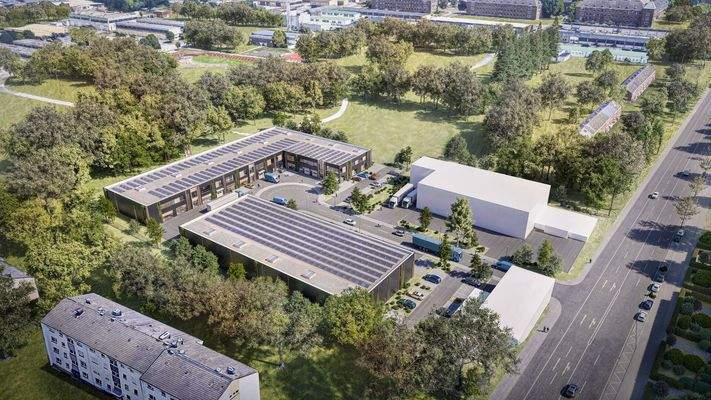 Visualisierung eines nachhaltigen Gewerbeparks in grüner Umgebung mit drei großen Hallengebäuden, Photovoltaikanlagen auf den Dächern und angrenzenden Parkflächen.
