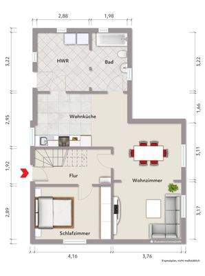 Grundriss Erdgeschoss (nicht maßstabsgerecht, Möblierungsbeispiel)