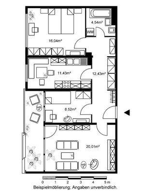 Grundriss mit Flur (12,43 m²), Bad (4,54 m²), Küche (11,43 m²), Wohnzimmer (20,01 m²), Schlafzimmer (16,04 m²), Kinderzimmer (8,52 m²) und Balkon