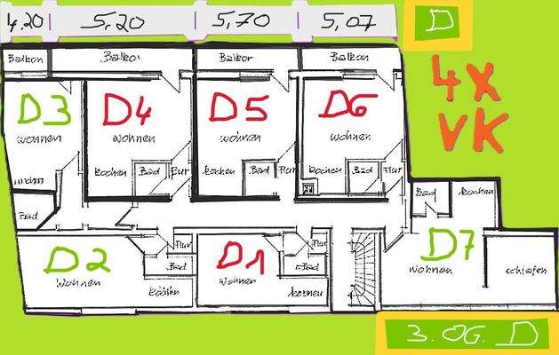 Grundriss 3.OG. mit 4 v. 12 WE. Ebene D
