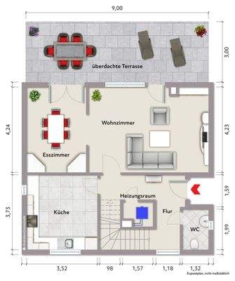 Grundriss Erdgeschoss (nicht maßstabsgerecht, Möblierungsbeispiel)