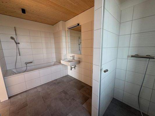 Badezimmer mit Wanne, Dusche, Fenster und WM-Anschluss