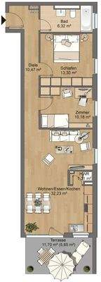 Grundriss Diele 10,47 m², Bad 6,32 m², Schlafen1 13,30 m², Schlafen2 10,18 m², Wohn-,Ess- und Kochbereich 32,23 m², Hauswirtschaftsraum 1,31 m², Terrasse 11,70 m².JPG