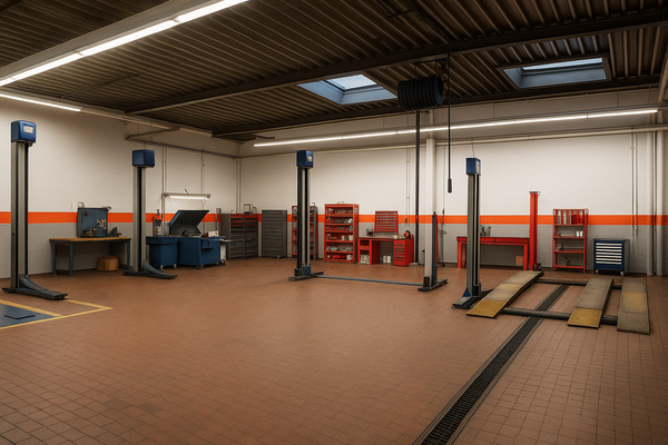Werkstatt mit Fahrzeugbühnen und Werkbänken