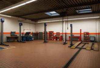 Werkstatt mit Fahrzeugbühnen und Werkbänken
