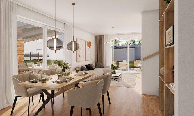 Essplatz und Wohnzimmer mit Blick auf die zwei Terrassen