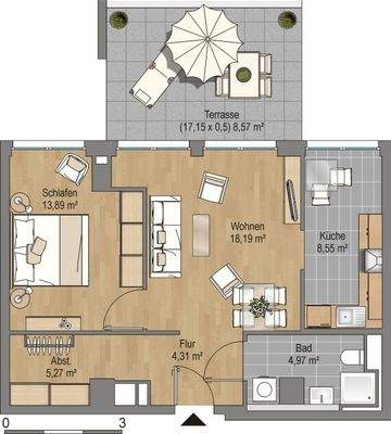 Grundriss mit offener Küche (8,55 m²), Flur (4,31 m²), Bad (4,97 m²), Wohnzimmer (18,19 m²), Schlafzimmer (13,89 m²), Abstellraum (5,27 m²) und Terrasse (8,57 m²)