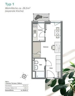 Typ 1_25,6 qm_1 Zi mit Terrasse_Balkon_separater K