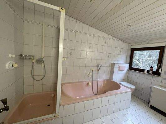 Badezimmer mit Badewanne, Dusche und WC
