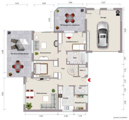 Grundriss Erdgeschoss (nicht maßstabsgerecht, Möblierungsbeispiel)