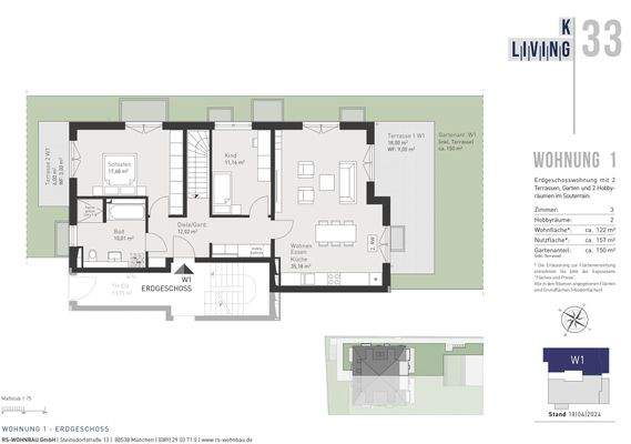 Grundriss Erdgeschoss + Ansicht Privatgarten
