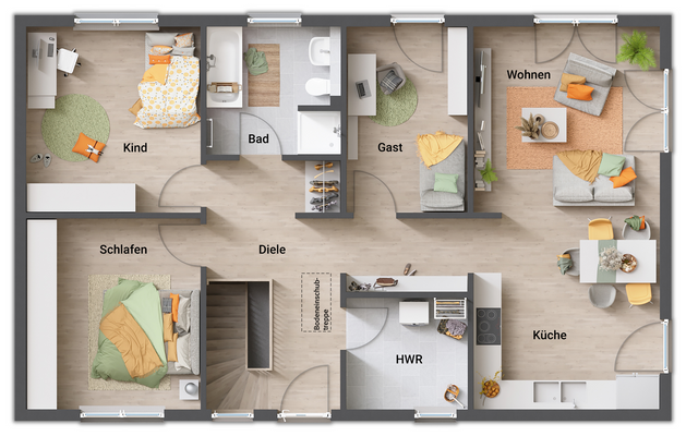 Grundriss-Bungalow-100-Erdgeschoss-4-Zimmer-Variante-mit-Keller