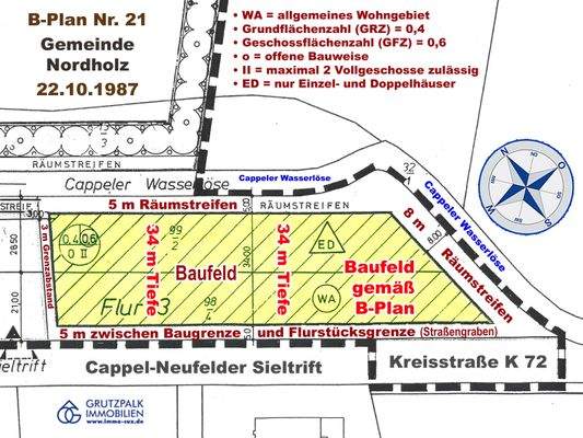 34 m Baufeldtiefe gemäß B-Plan
