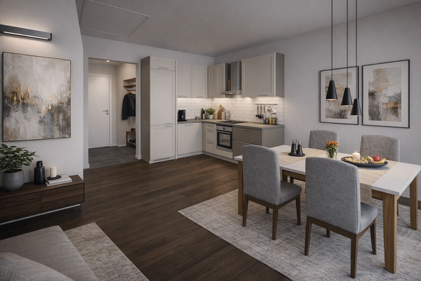 Koch, Essbereich und Eingang mit Garderobe