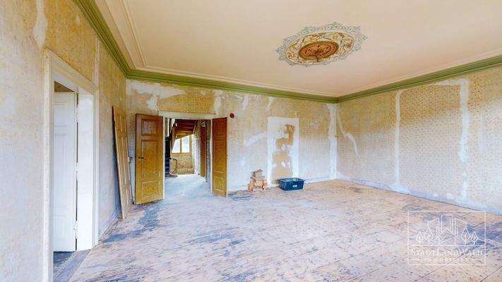 OG - Wohnzimmer mit Stuck und Übergang auf Balkon