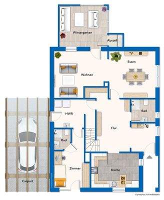Erdgeschossgrundriss mit Mustermöblierung