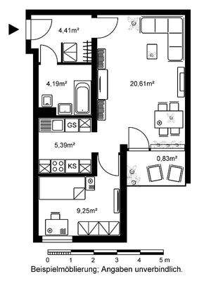 Grundriss mit Wohnzimmer (ca. 20,6m²), Schlafzimmer/halbes Zimmer (ca. 9,25m²), Bad (ca. 4,2m²), Küche (ca. 5,4m²), Flur (ca. 4,4m²) und Loggia (ca. 0,83m²)