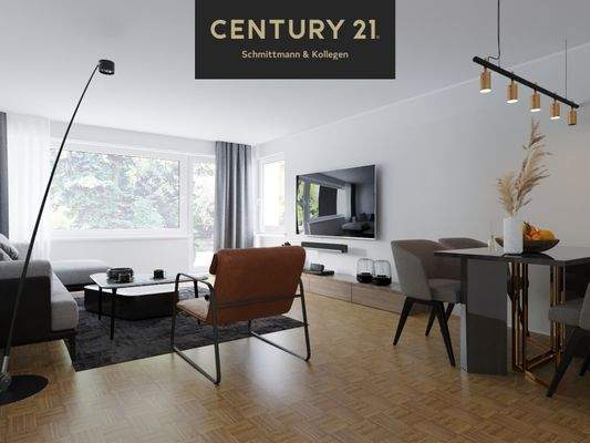 Wohnzimmer mit Blick zur Terrasse Visualisierung