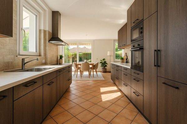 Visualisierung Küche mit offenem Übergang ins Wohn- Esszimmer