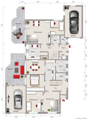 Grundriss Erdgeschoss (nicht maßstabsgerecht, Möblierungsbeispiel)