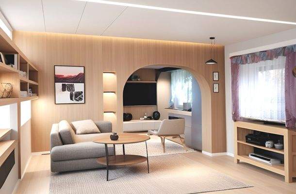 Wohnzimmer mit Durchgang zum Esszimmer - Einrichtungsbeispiel durch KI erstellt