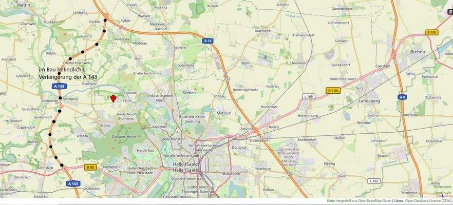 Lage mit im Bau befindlicher Verlängerung A 143