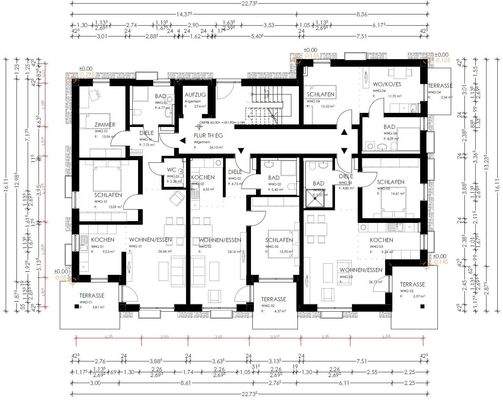 Grundriss mit Maßketten, EG, W 1,2,3,4