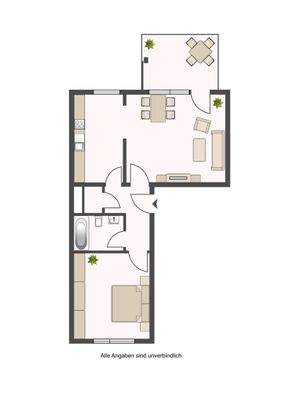 Grundriss im Erdgeschoss mit ca. 54,78 m² Wohnfläche, bestehend aus Terrasse, Wohnzimmer, Schlafzimmer, Küche und Badezimmer.
