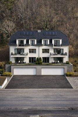 Visualisierung moderne DHH mit Doppelgarage in Hanglage