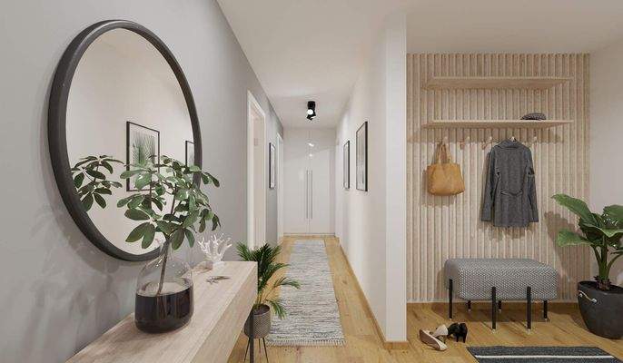 Im Eingangsbereich finden Garderobe und Schuhe ihr