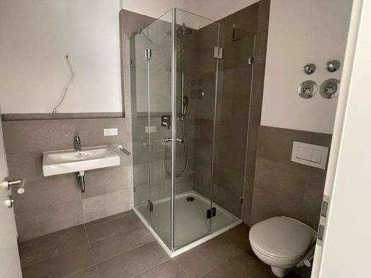 Badezimmer mit Dusche, Waschbecken und WC 