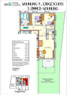 Grundriss Whg. Nr. 4 (nicht maßstabsgetreu - kann vom Original abweichen)